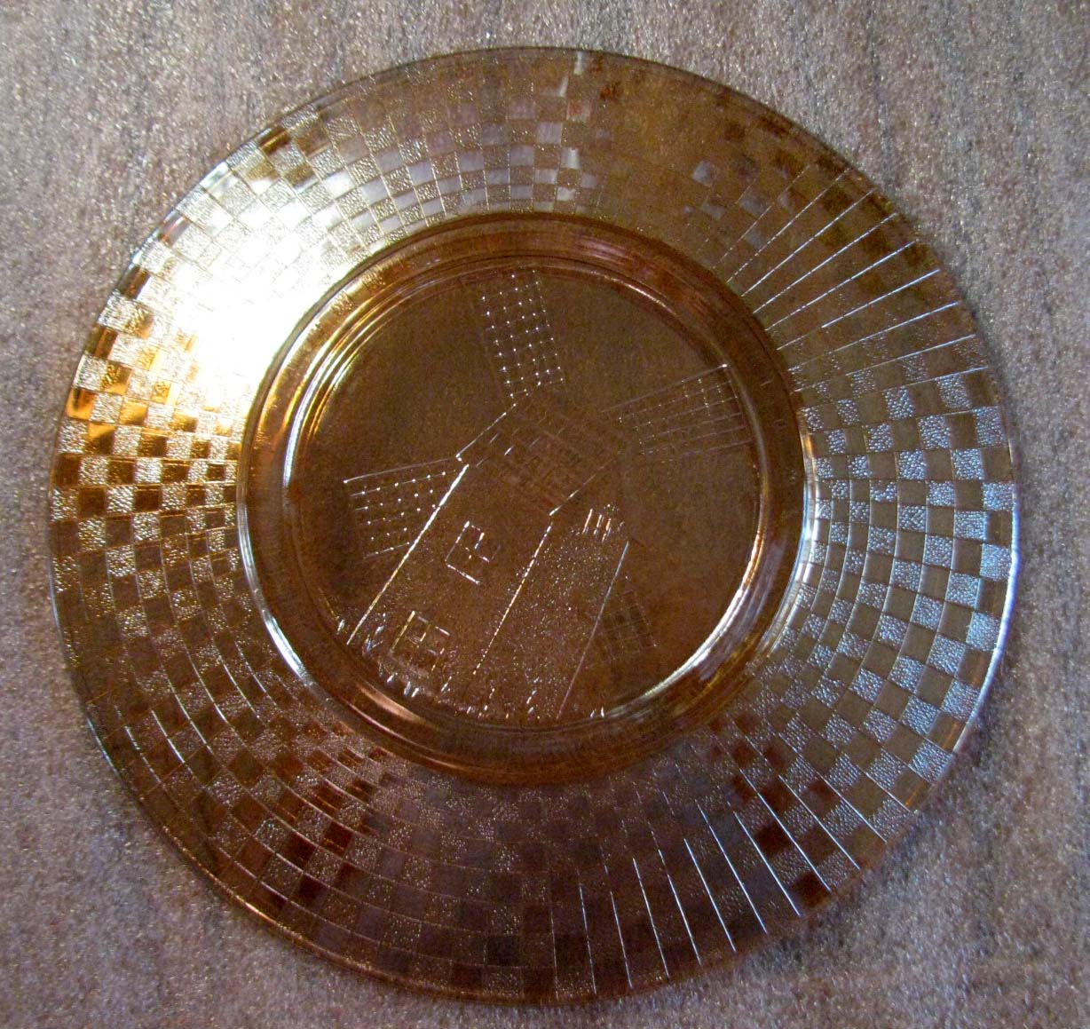   Checkerboard Marigold Carnival Glass Plate by Hazel Atlas