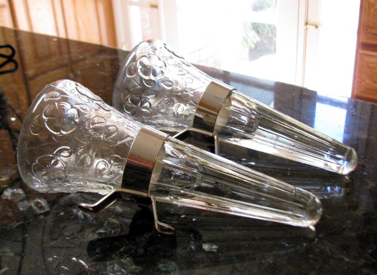 Vintage Glass Car Vases (2)+Metal Bracket Holders/Blossoms & Band/Dugan