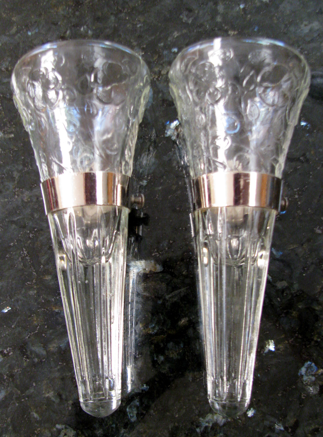 Vintage Glass Car Vases (2)+Metal Bracket Holders/Blossoms & Band/Dugan