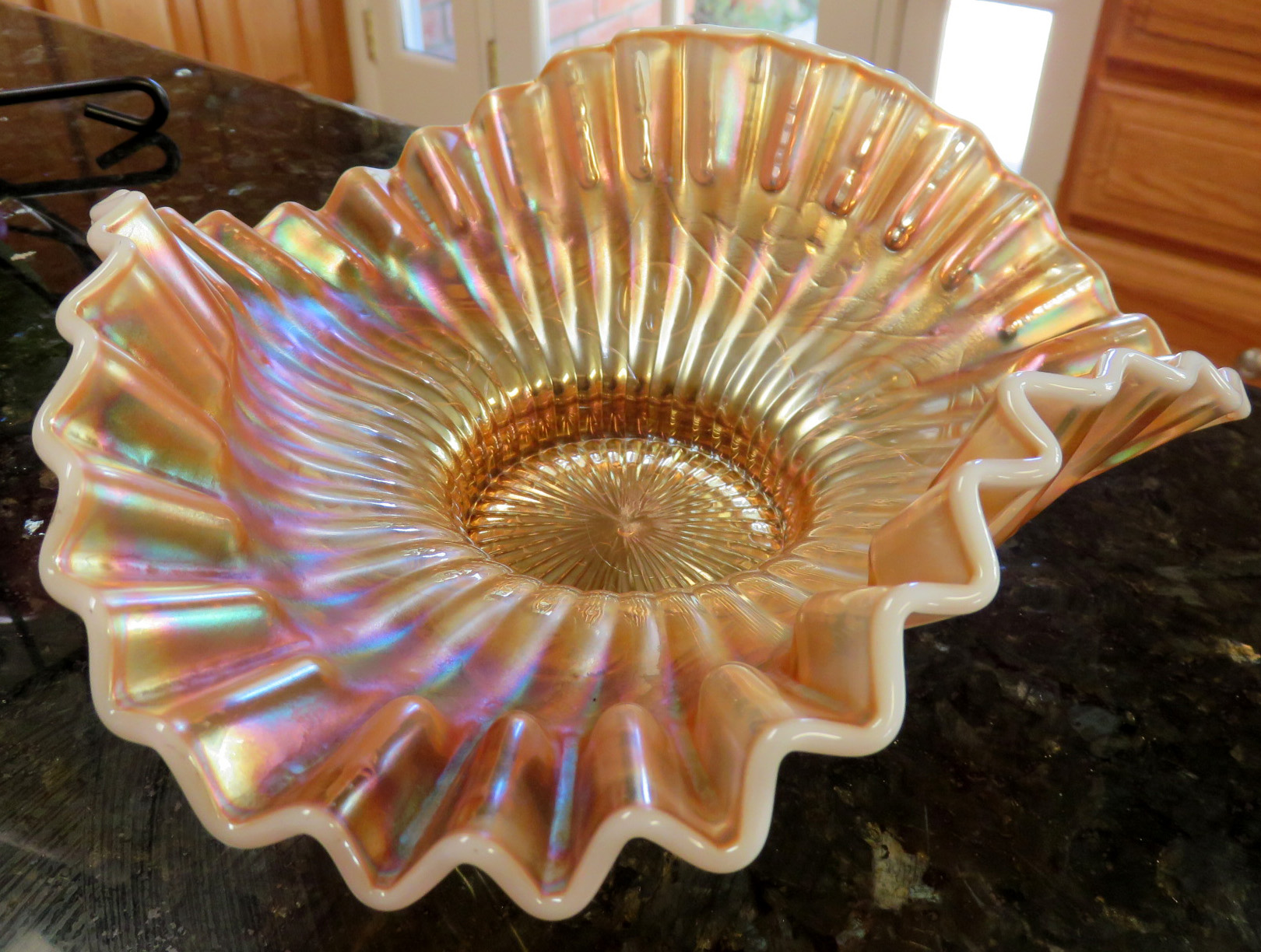 Dugan CAROLINE 3Sides Up Bowl, CRE Peach Opalescent Carnival Glass, ca