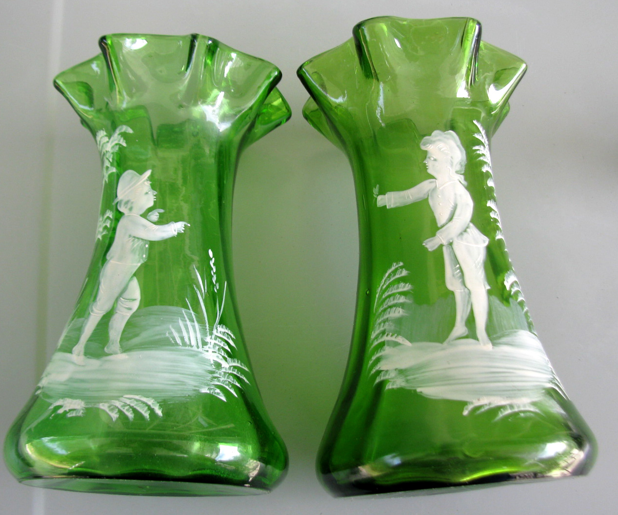 MARY GREGORY Blown Green Glass Vases (2)*Young Lady w/ Butterfly