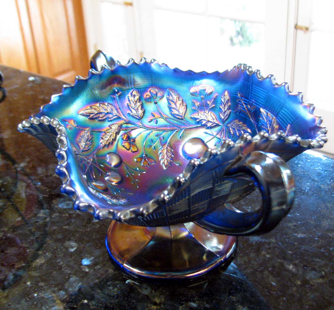 Northwood FRUITS AND FLOWERS Electric Blue Carnival Glass Footed Bon