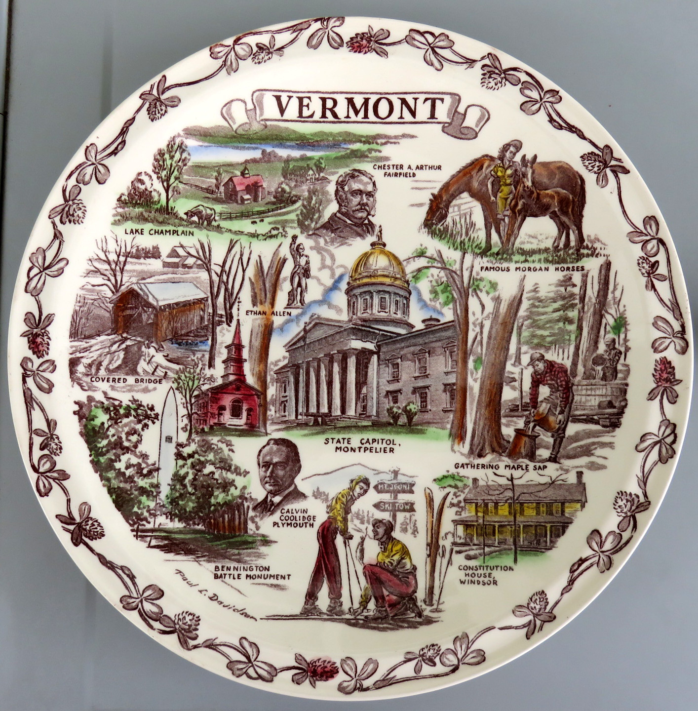 Colorful VERMONT (Artist Paul L. Davidson) 1950s Vernon Kilns Pottery Plate