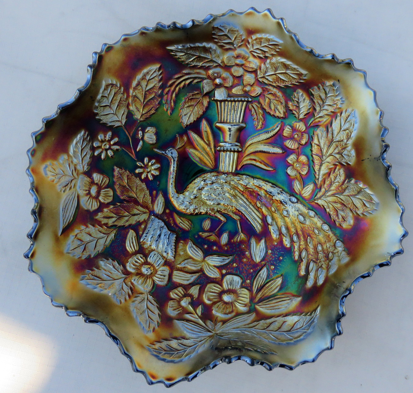 Fenton Peacock at Urn Blue Ruffled Bowl