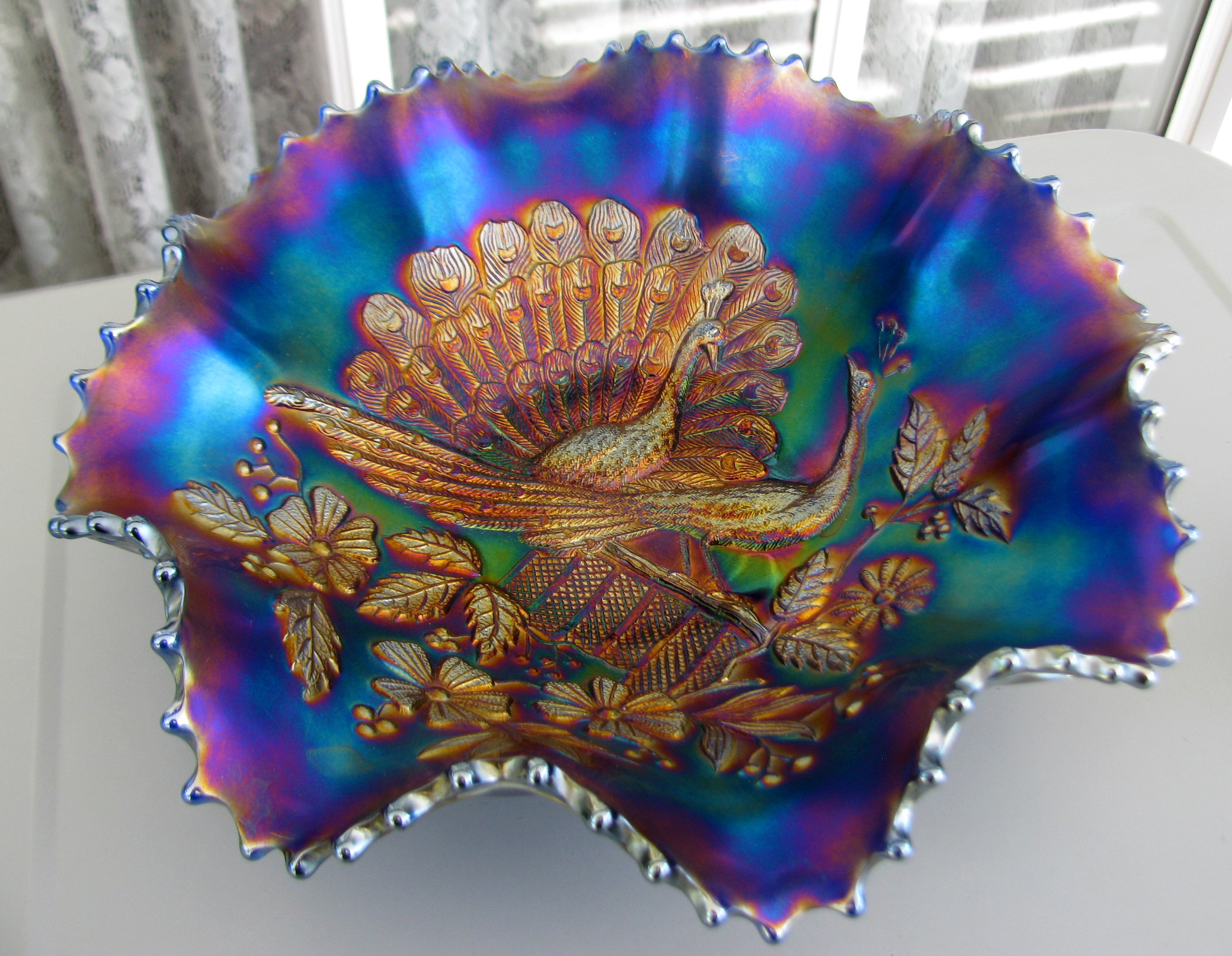 Northwood Peacocks Blue Ruffled Bowl